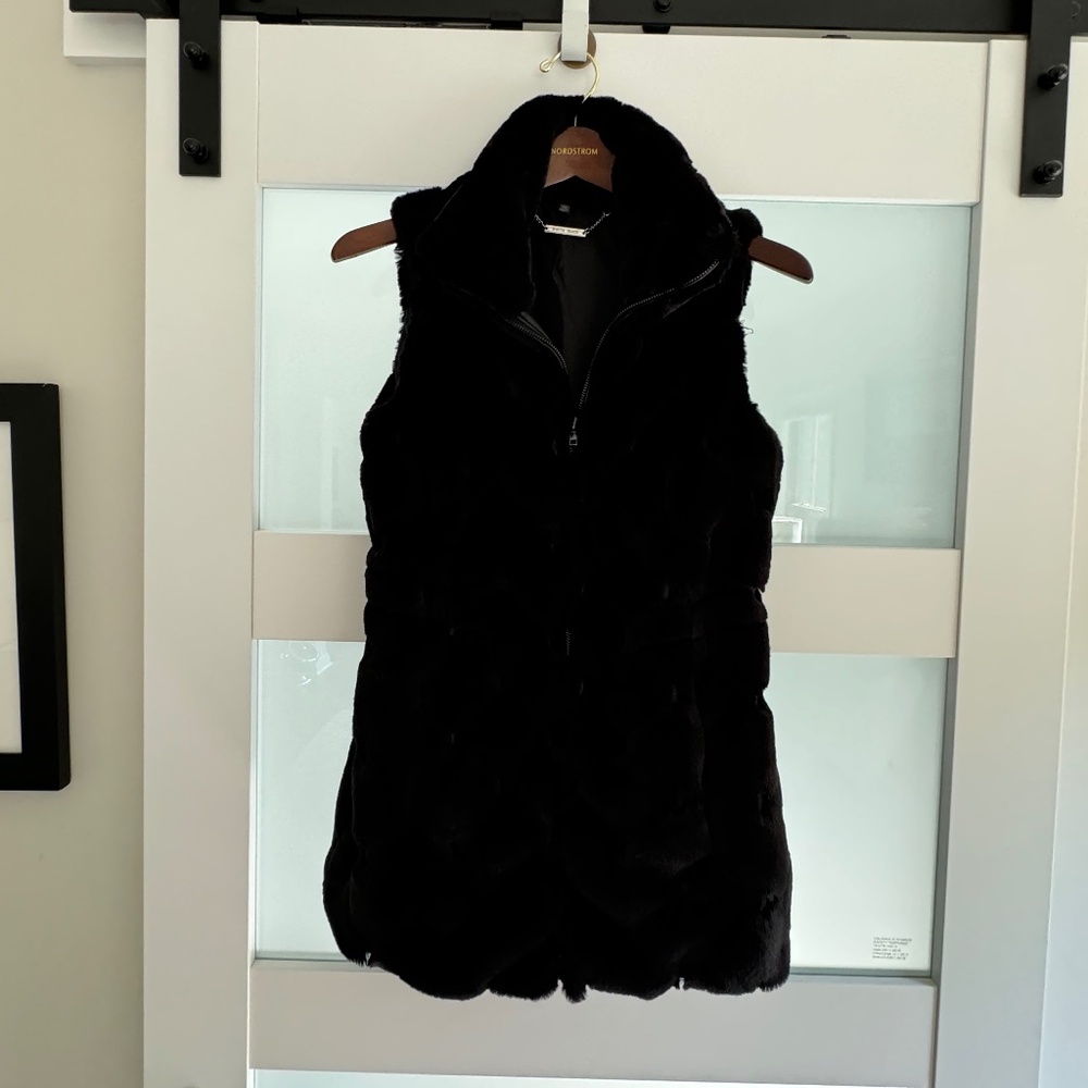 White House Black Market faux mid-length fur vest.  Black.  Size XS.